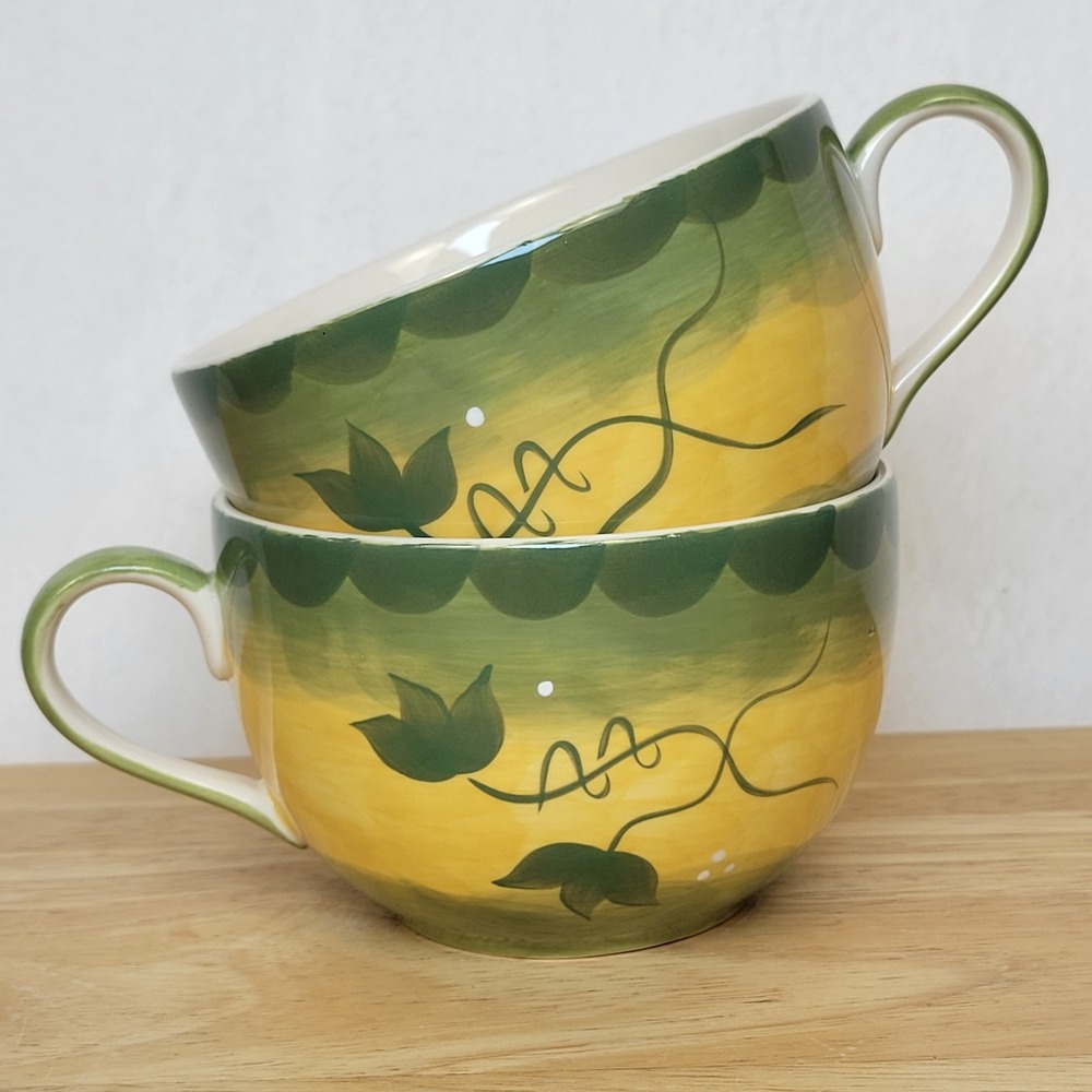 Herman Dodge Hand Painted Floral Soup Cups Mugs Set of 2 Cottagecore